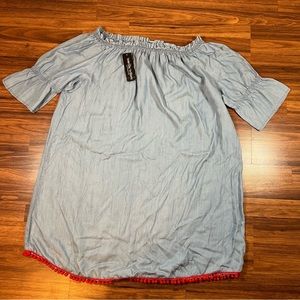 Wendy Williams Light Denium off the shoulder dress with red pom pom hem 3X